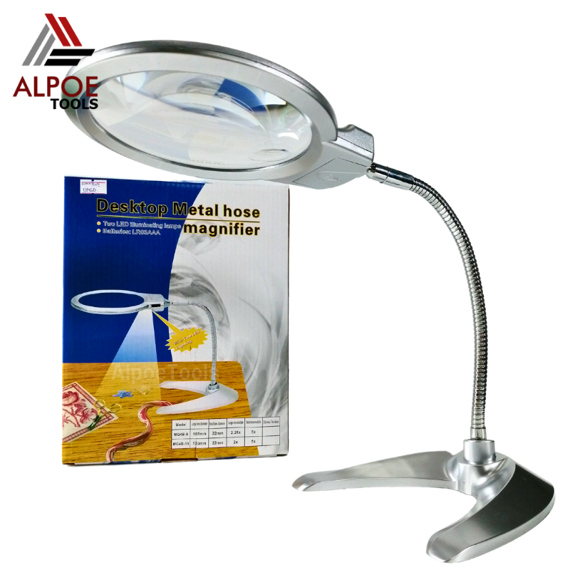 แว่นขยายตั้งโต๊ะ คอเหล็ก มีไฟ รุ่น MG4B-10