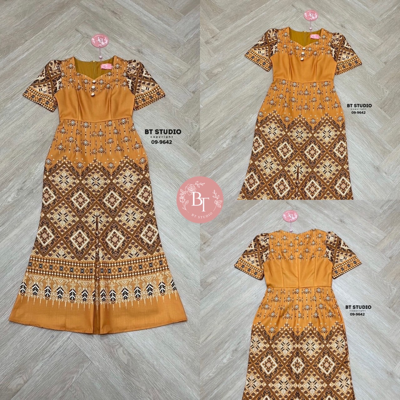 เดรสยาวผ้าไทยดีเทลแต่งคอเว้าเล็กน้อย แขนสั้น แต่งกระดุมมุก 3 เม็ดเรียงกัน ดีไซส์ผ้าพิมพ์ลายไทยประยุกต์ งานสวยเนื้อผ้าดีมีซับในคัตติ๊งสวยจ้า