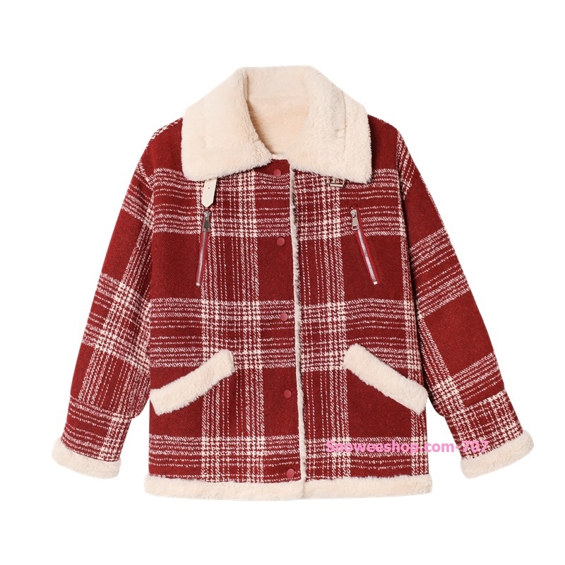 แจ็คเก็ตกันหนาวลายสก็อต ทรงคอตั้งสูงติดเข็มขัด แนวโอเวอไซส์ บุในขนแกะ