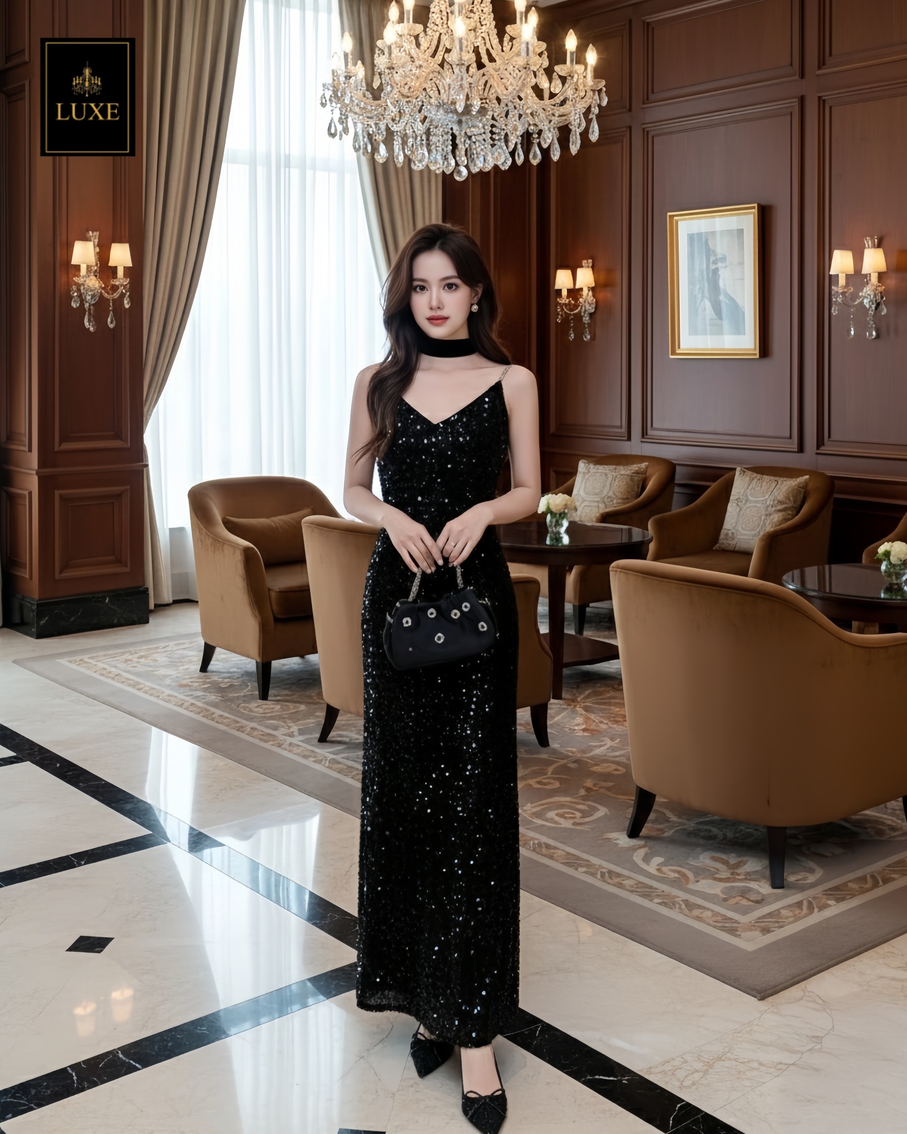 เดรสเสื้อสายเดี่ยว กระโปรงยาวทางเอ ☑️ชุดทำจากผ้ายืดปักเลื่อม ยืดหยุ่น สายทำจากโซ่ประดับมุก ☑️มีซิปซ่อนและซับในอย่างดี