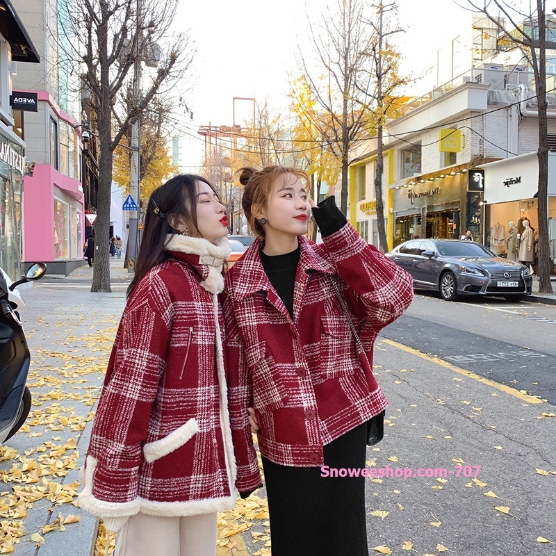 แจ็คเก็ตกันหนาวลายสก็อต ทรงคอตั้งสูงติดเข็มขัด แนวโอเวอไซส์ บุในขนแกะ