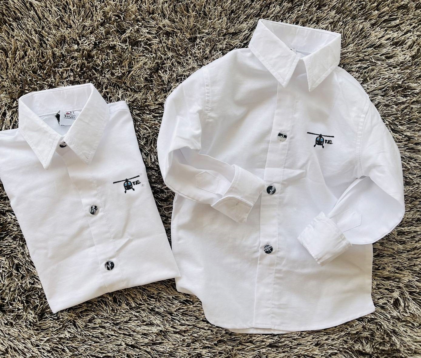 HC เสื้อเชิ้ต แขนยาว ปักคอปเตอร์ สีขาว เด็ก 8 เดือน - 8 ขวบ