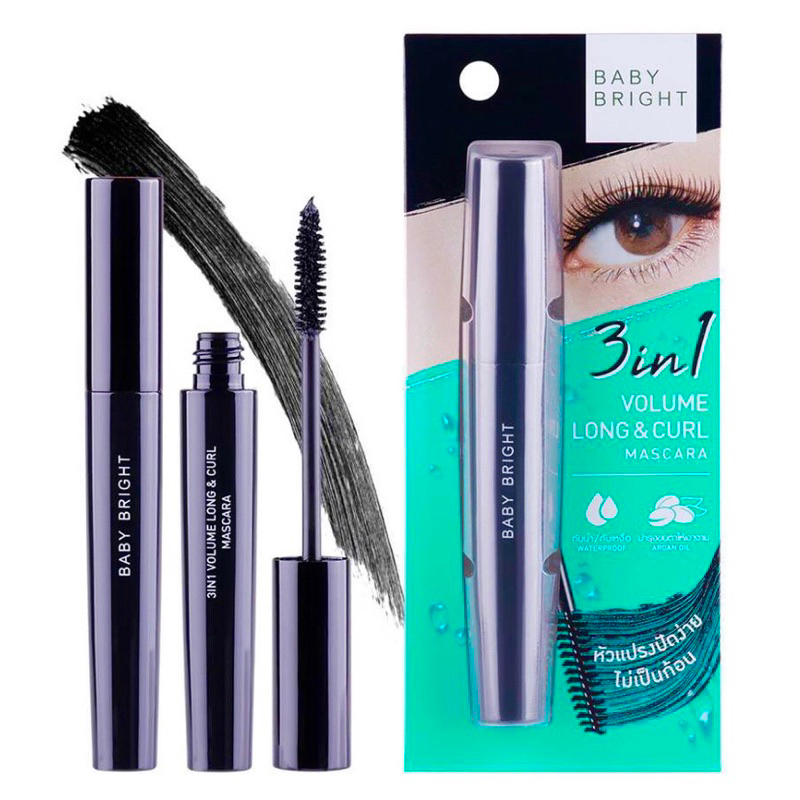 เบบี้ไบร์ท มาสคาร่า เพิ่มความงอน ยาว หนา กันน้ำ กันเหงื่อ BABY BRIGHT 3 IN 1 VOLUME LONG & CURL MASCARA 8G