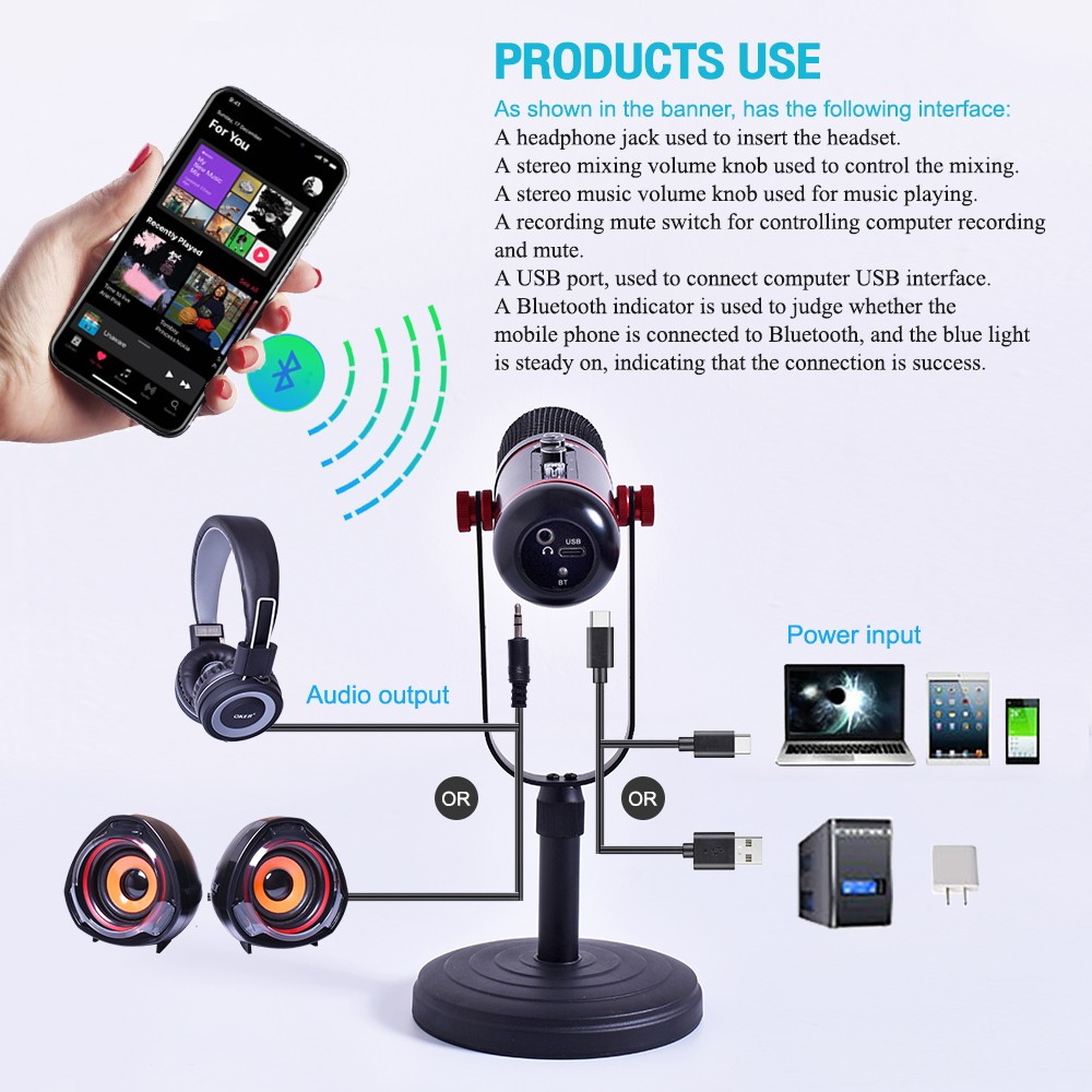 MIC-2022 OKER USB CONDENSER MICROPHONE BLUETOOTH RGB Lighing ลดสัญญาณรบกวน MI-OK-XX-2022B