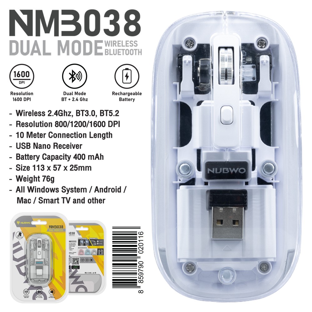 NM3038 NUBWO USB MOUSE Wireless 2.4Ghz, BT3.0, BT5.2 SKU-02964