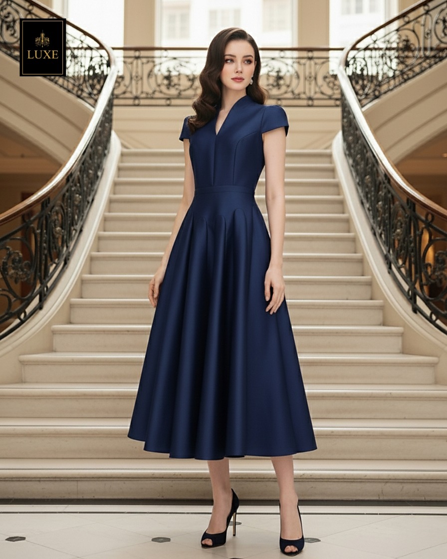 Label : LUXE ☑️เดรสเสื้อคอตั้ง แขนสั้น กระโปรงบาน ☑️ทำจากผ้าไหมดัตเชส ผ้าเนื้อดี เป็นทรง ใส่สบาย คัตติ้งประณีต ☑️ มีซิปซ่อนและซับในเต็มตัว