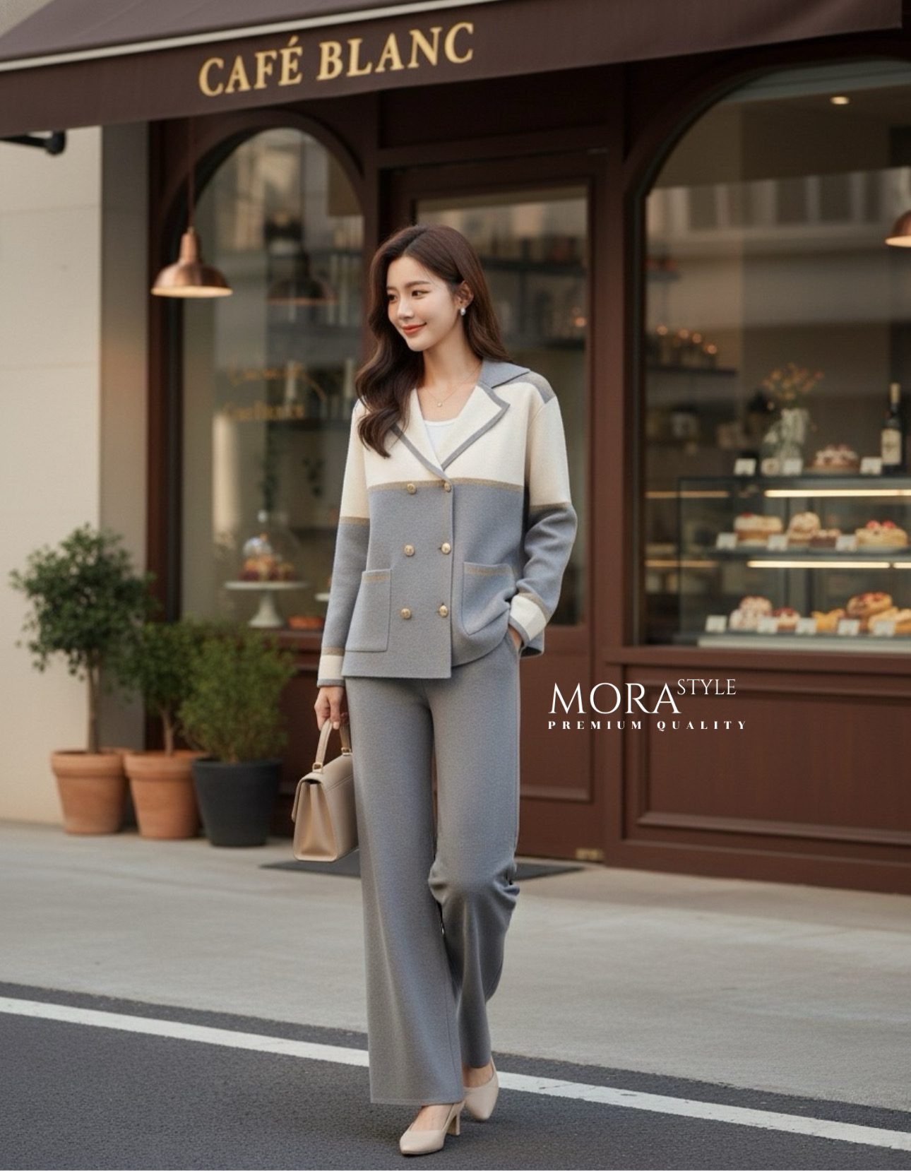 เซ็ตไหมพรม 2 ชิ้น เสื้อแขนยาวทูโทนแต่งกระดุมด้านหน้า มาพร้อมกับกางเกงขายาว ผ้าใส่สบายไม่ร้อน ใส่เที่ยวใส่ออกงานได้ เป็นอีกรุ่นที่ต้องมีติดตู้นะคะ