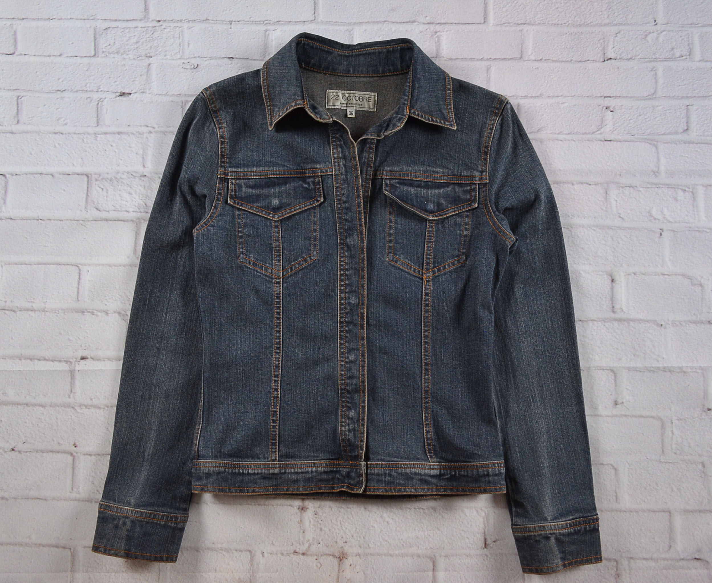 22 OCTOBRE อกจริง34' (XS) เสื้อแจ็คเก็ตยีนส์ เสื้อยีนส์แขนยาวหญิงชาย สีเข้มผ้าไม่แข็งใส่สบาย กระดุมแป๊ก ทรงเข้ารูป