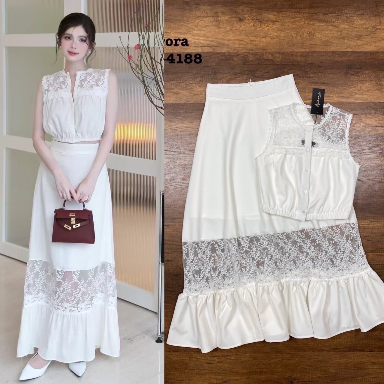 Label :: AURORA by RAMI-PAPHA Setเสื้อโทนสีขาว งานผ้าดี๊ดี ผ้าดีมาก ทรงปล่อยๆ ใส่สบายๆ ด้านบนแต่งซีทรูลูกไม้ ด้านหน้ามีกระดุมใช้งานได้จริง ช่วงเอวเสื้อแต่งสม๊อคยืดหยุ่นได้ตามลำตัว +++ มาพร้อมกระโปรงยาว เนื้อผ้าแต่งสลับผ้าลูกไม้เนื้อดีฝุดๆ ที่แมชกันได้อย่า
