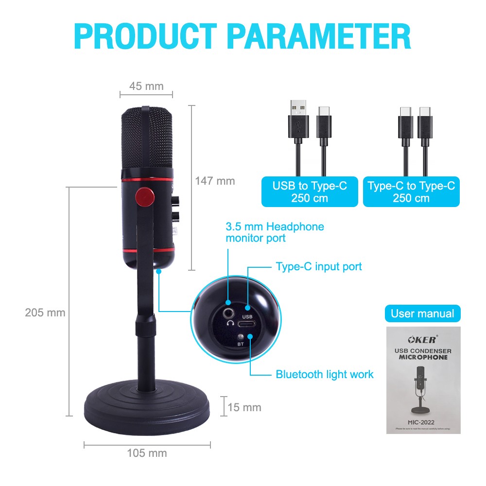 MIC-2022 OKER USB CONDENSER MICROPHONE BLUETOOTH RGB Lighing ลดสัญญาณรบกวน MI-OK-XX-2022B