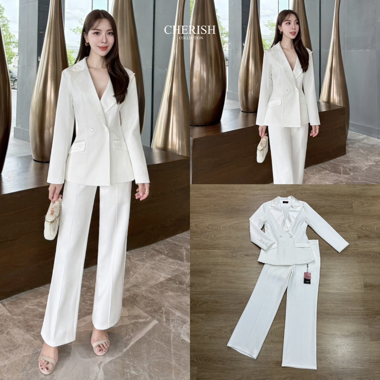 Setsuit เสื้อ+กางเกง ที่เรียบหรูดูแพง ทรงสวย ใช้ผ้าดี ตัวเสื้อสูทแขนยาวคอปกช่วงคอและกระเป๋าตกแต่งผ้าซาติน ตัวกางเกงเอวสูงขากระบอกใส่แล้วขาดูเรียวยาวสุดๆ ชุดนี้ใส่แล้วเด่นสุดๆ ต้องมีสักชุดแล้วนะคะ