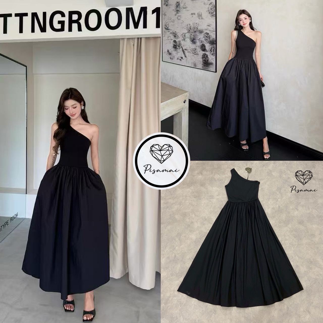 เดรสไหล่เดียวตัวยาวสีดำก้านบนเป็นผ้ายืดใส่เข้ารูปตามรูปต่อกระโปรงบานพองตัวยาว สวย หรู old money มากๆค่า ต้องมีเลยค่า