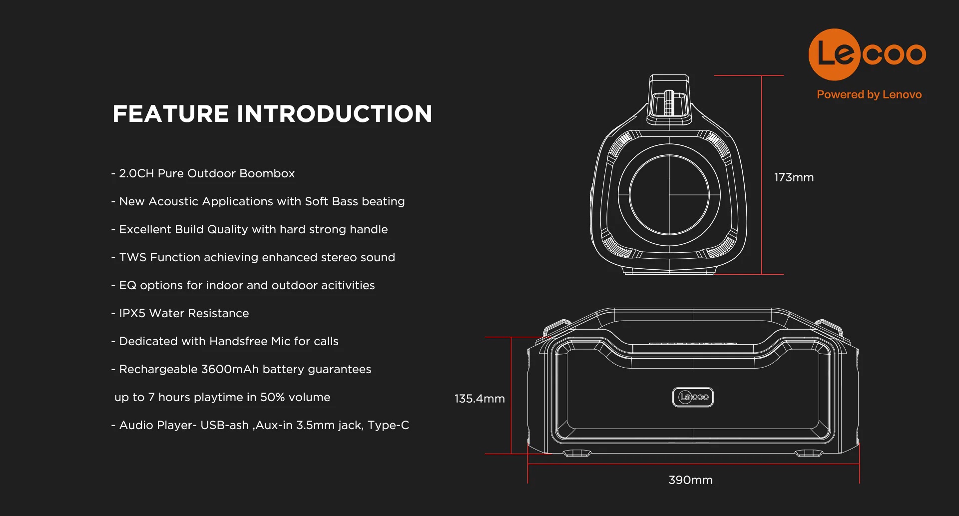 LECOO DS153 PORTABLE BLUETOOTH SPEAKER Portable True Wireless Stereo Bluetooth SKU-03138