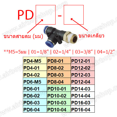 ข้อต่อลม 3 ทาง (T) เกลียวข้าง รุ่น PD