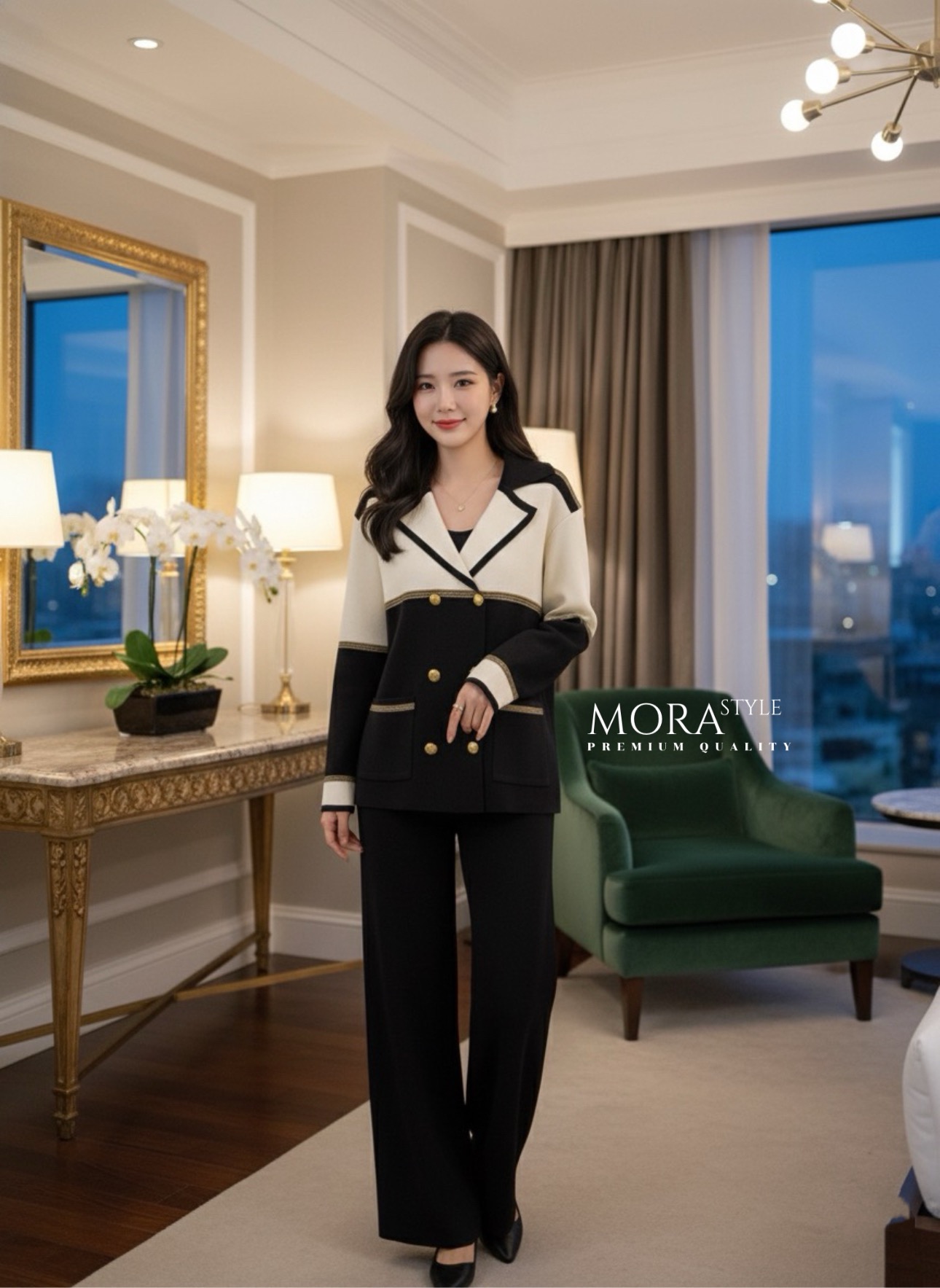 เซ็ตไหมพรม 2 ชิ้น เสื้อแขนยาวทูโทนแต่งกระดุมด้านหน้า มาพร้อมกับกางเกงขายาว ผ้าใส่สบายไม่ร้อน ใส่เที่ยวใส่ออกงานได้ เป็นอีกรุ่นที่ต้องมีติดตู้นะคะ