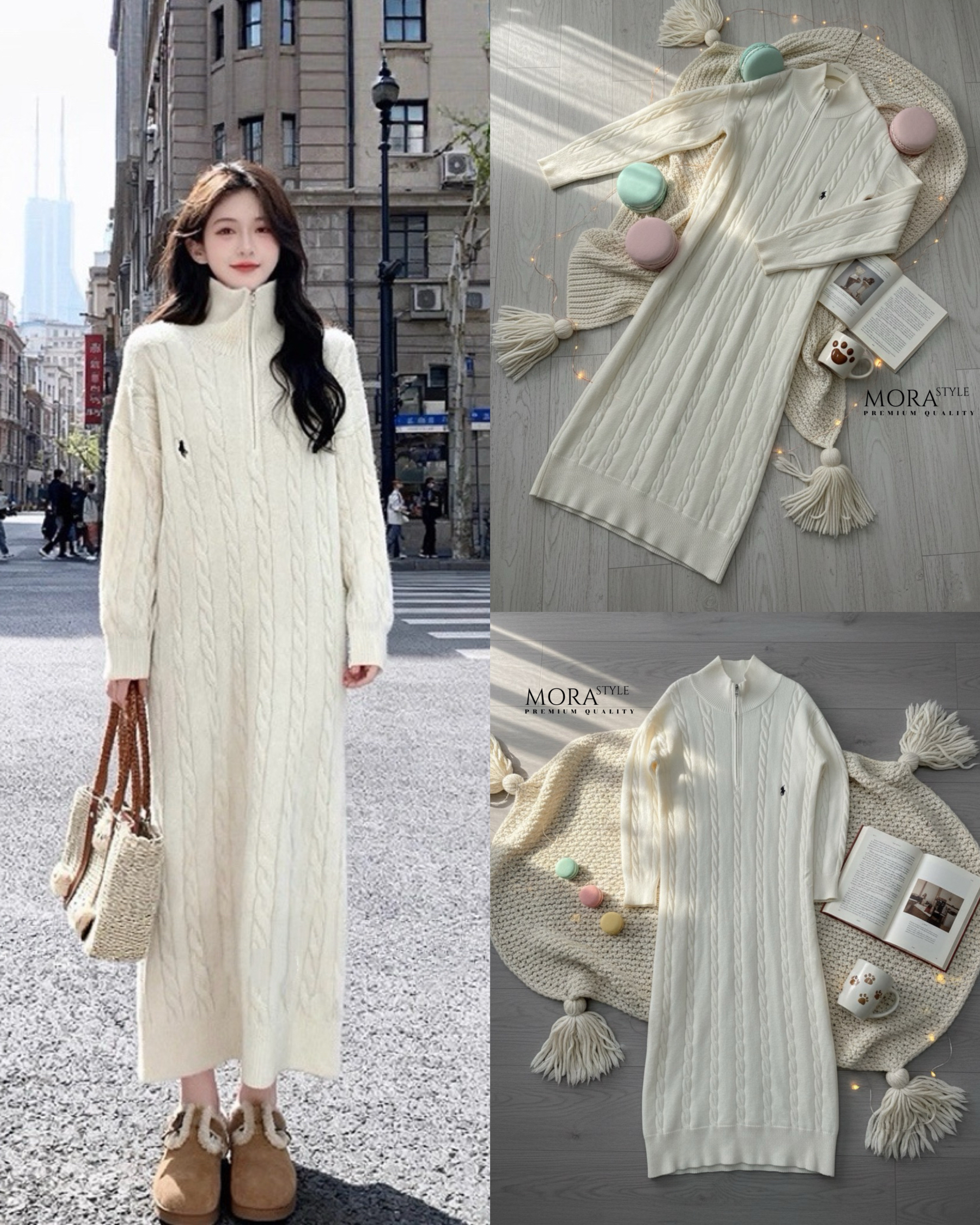 เดรสไหมพรหมแขนยาว คอเต่า เนื้อผ้านุ่มใส่สบาย ปักโลโก้ด้านหน้า มีซิปรูด เป็นอีกหนึ่งคอลเลคชั่นแนะนำสำหรับหนาวนี้เลยค่าา