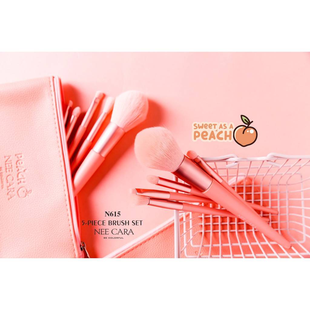 NEE CARA Peach 5-Piece Brush Set N615 นีคาร่า ชุดแปรงแต่งหน้า เซ็ตแปรงแต่งหน้า ลูกพีช 5 ชิ้น พร้อมกระเป๋า