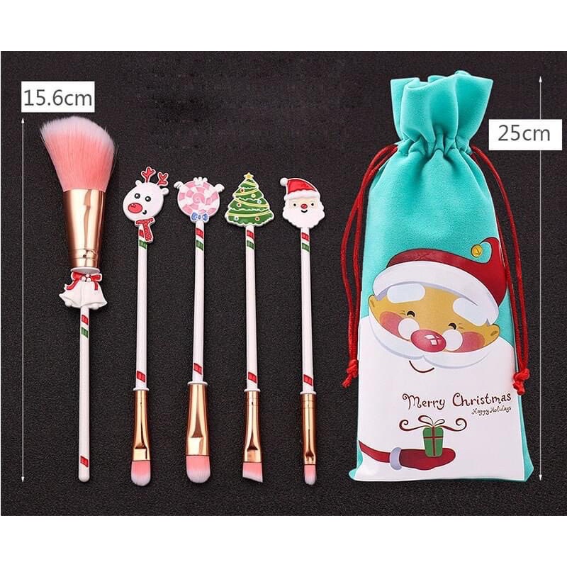 ชุดแปรงแต่งหน้า แซนต้า คริสต์มาส 5 ชิ้น/ชุด พร้อมถุงใส่แปรง แซต้า สุดน่ารัก