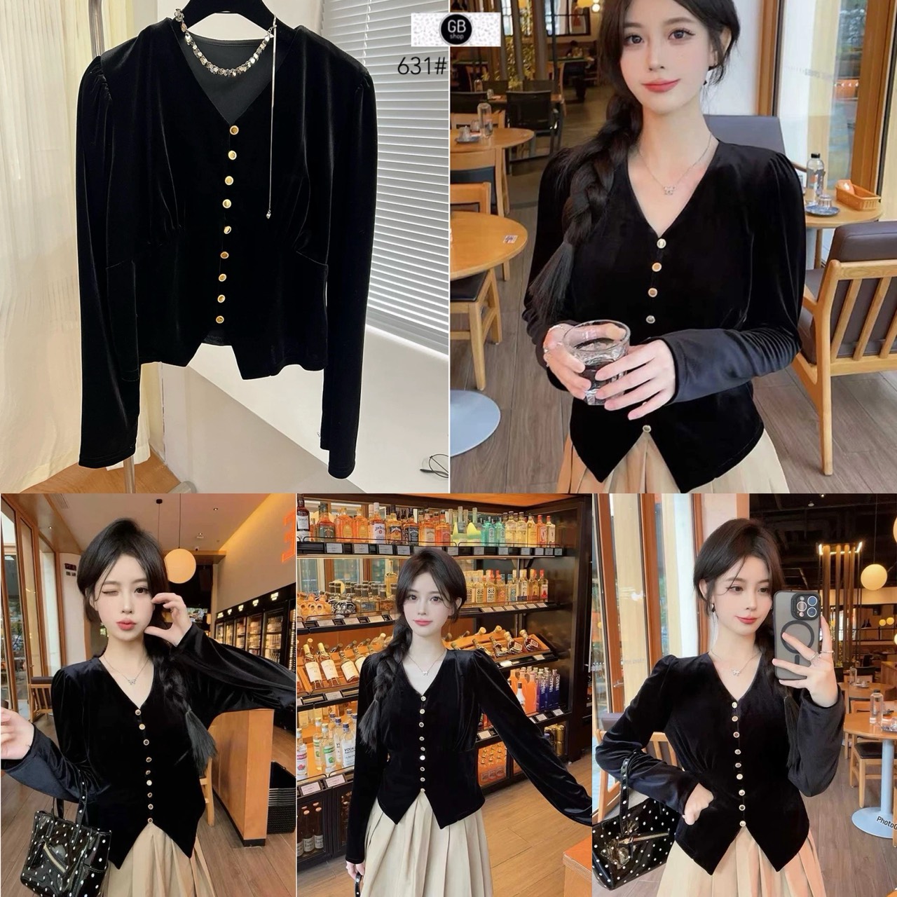 ||| GB SHOP ||| 631#เสื้อแขนยาวกำมะหยี่คอวี งานกระดุมหน้า เนื้อผ้าดี ทรงสวย TAG : 🇰🇷 🇰🇷