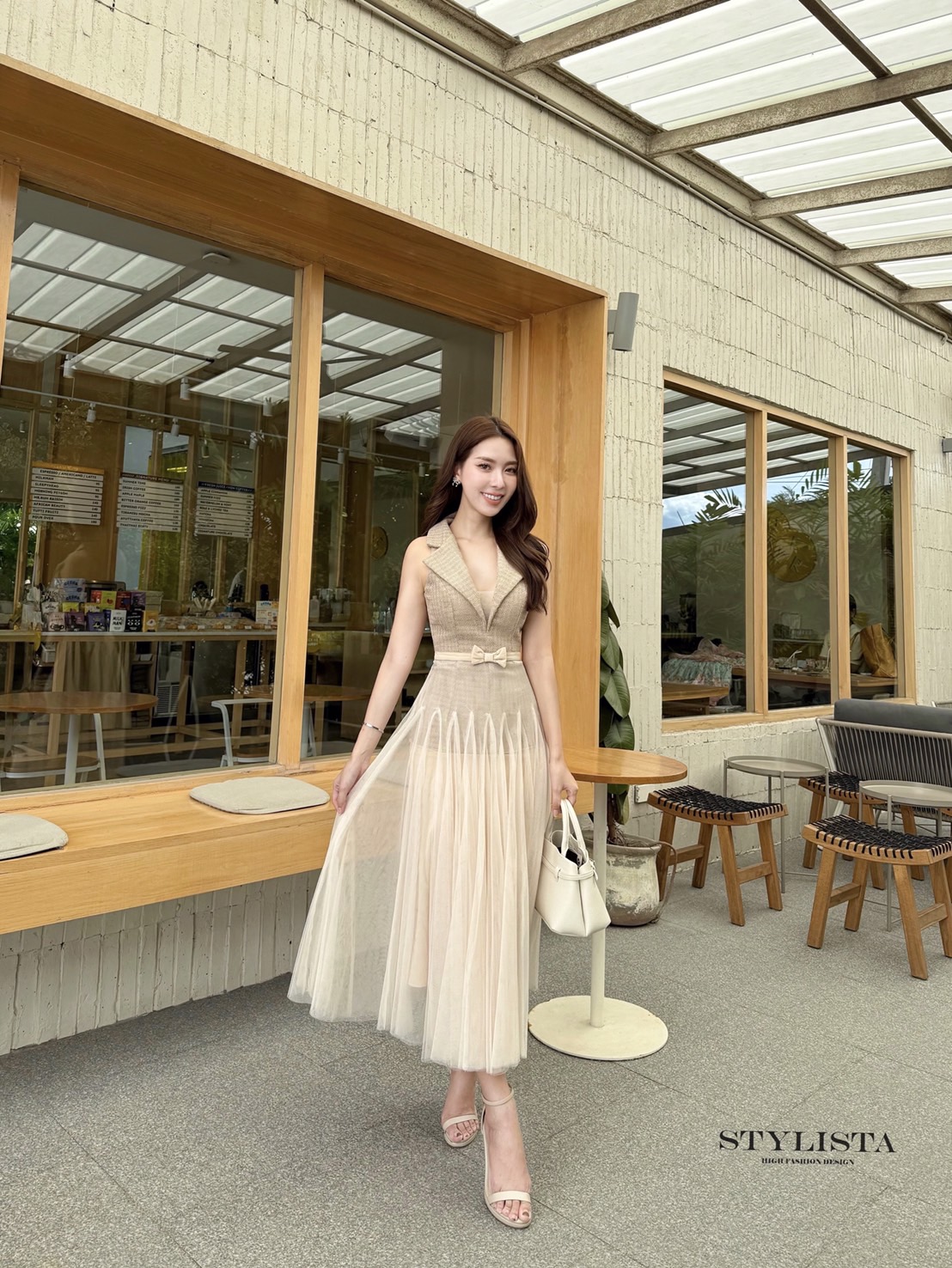 เดรสทวีตท่อนบน + กระโปรงตาข่าย ทรงคุณหนูหวานละมุน