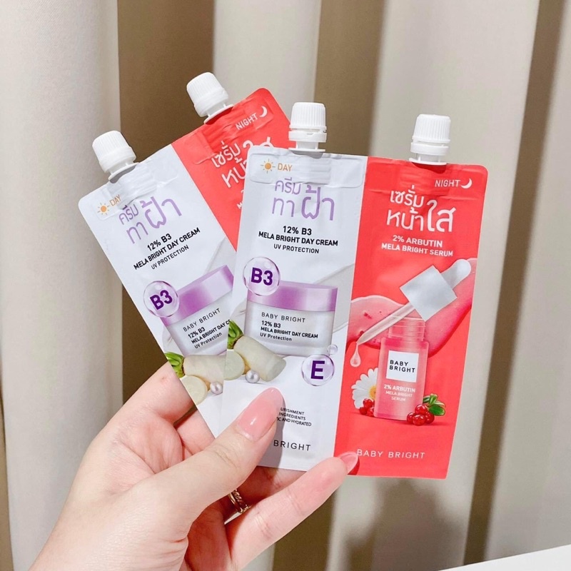 Baby Bright 𝗗𝗮𝘆 & 𝗡𝗶𝗴𝗵𝘁 𝗠𝗲𝗹𝗮 𝗕𝗿𝗶𝗴𝗵𝘁 𝗦𝗲𝘁 6g+6g 6ซอง/กล่อง เบบี้ไบร์ท ชุดหน้าใส2in1 อัพผิ