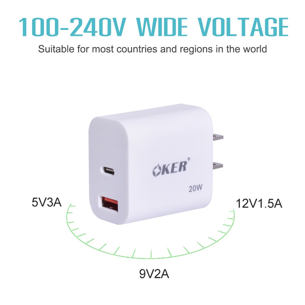 OKER U-242 SMART 20W FAST CHARGER+ USB3.0+PD+CABLE TYPE-C 1M. MB-IP-CH-UC242