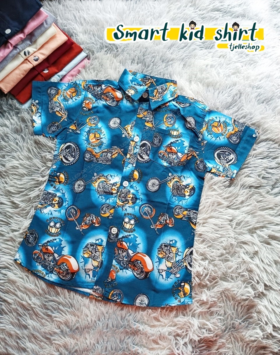 เสื้อเชิ้ตเด็ก แขนสั้น คอปก ลายรถช็อปเปอร์
