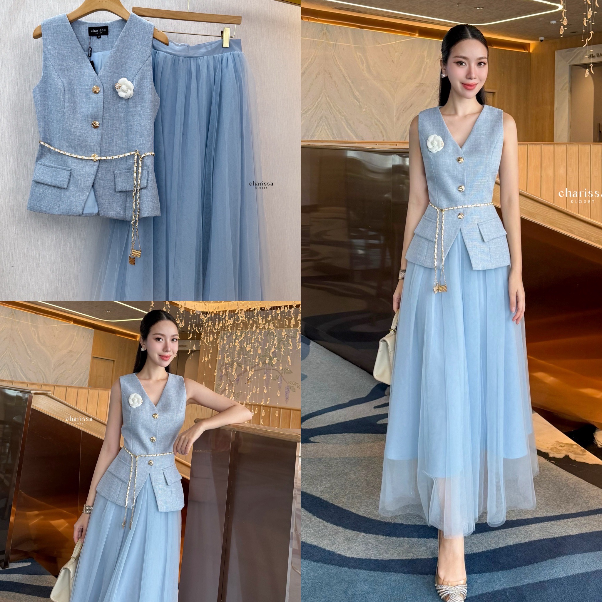 set 4 ชิ้น : เสื้อแขนกุด+กระโปรงมุ้งยาว+ เข็มกลัดดอกไม้+เข็มขัดโซ่ #ชุดสูทกระโปรง #ชุดเซ็ท #สูทออกงานสีน้ำตาล #สูทสีชมพูผู้หญิง #สูทสีน้ำตาล #เสื้อสูทสีฟ้า #สูทผู้หญิงสีฟ้า #สูทสวยๆสีฟ้า #สูทสีฟ้า #สูทสีฟ้าอ่อน #สูทสีฟ้าออกงาน #สูทสีฟ้าพาสเทล #สูทสีฟ้าไปง