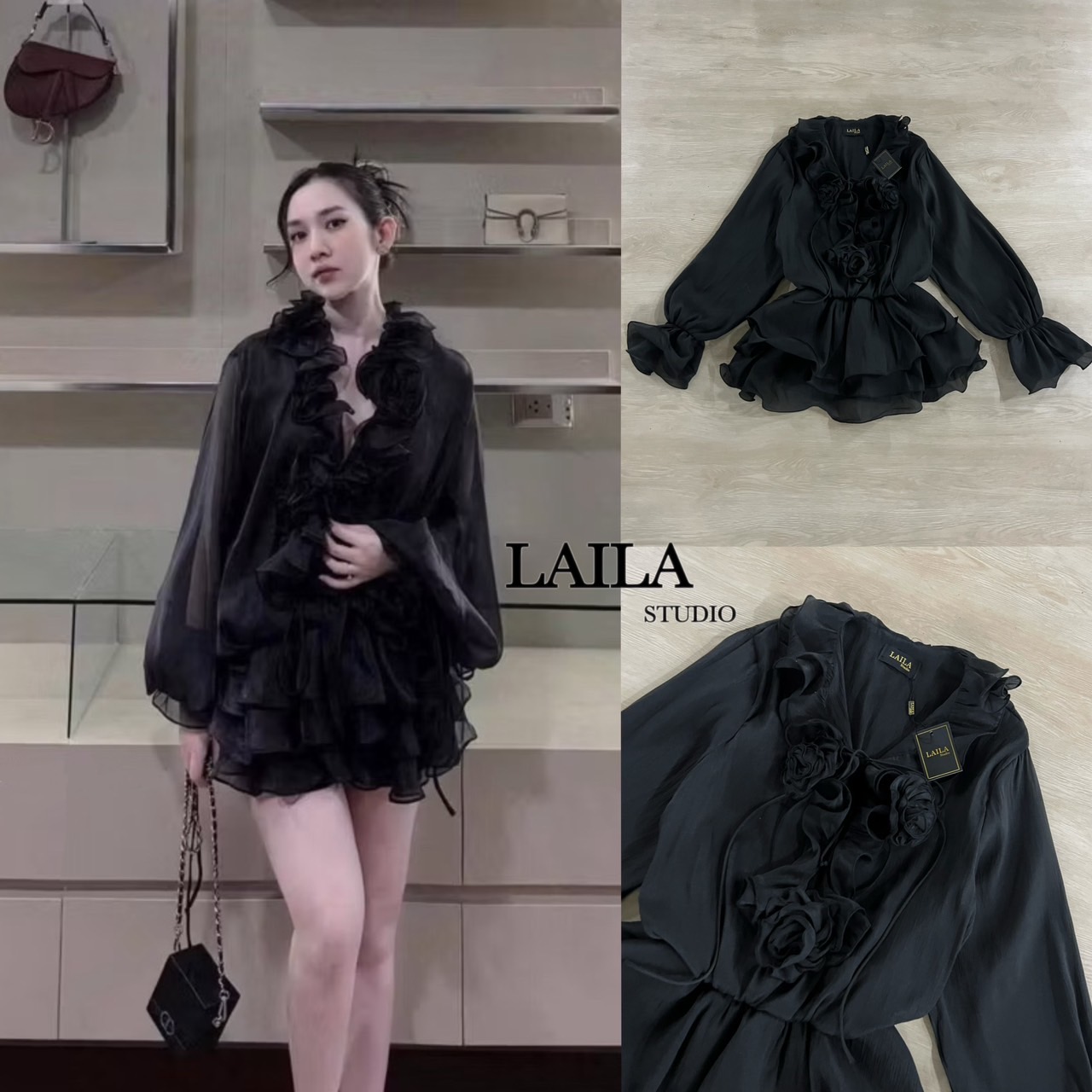 Tag: LAILA Detail: งานมินิเดรสแขนยาวแต่งระบายๆช่วงอกแต่งเชือกสานด้านหน้าพร้อมเข็มกลัดดอกไม้ ตัวแขนแต่งพองๆปลายกระดิ่งสวยๆ มาในโทนสีครึม/ดำ ตัวเดรสเป็นงายผ้าชีฟองเบาสบาย ดีไซน์แต่งชั้นๆช่วงปลายเดรส ลุคสวยสไตล์สาวเวียดนามสุดๆค่า **งานแฟชั่นนำเข้าby laila**