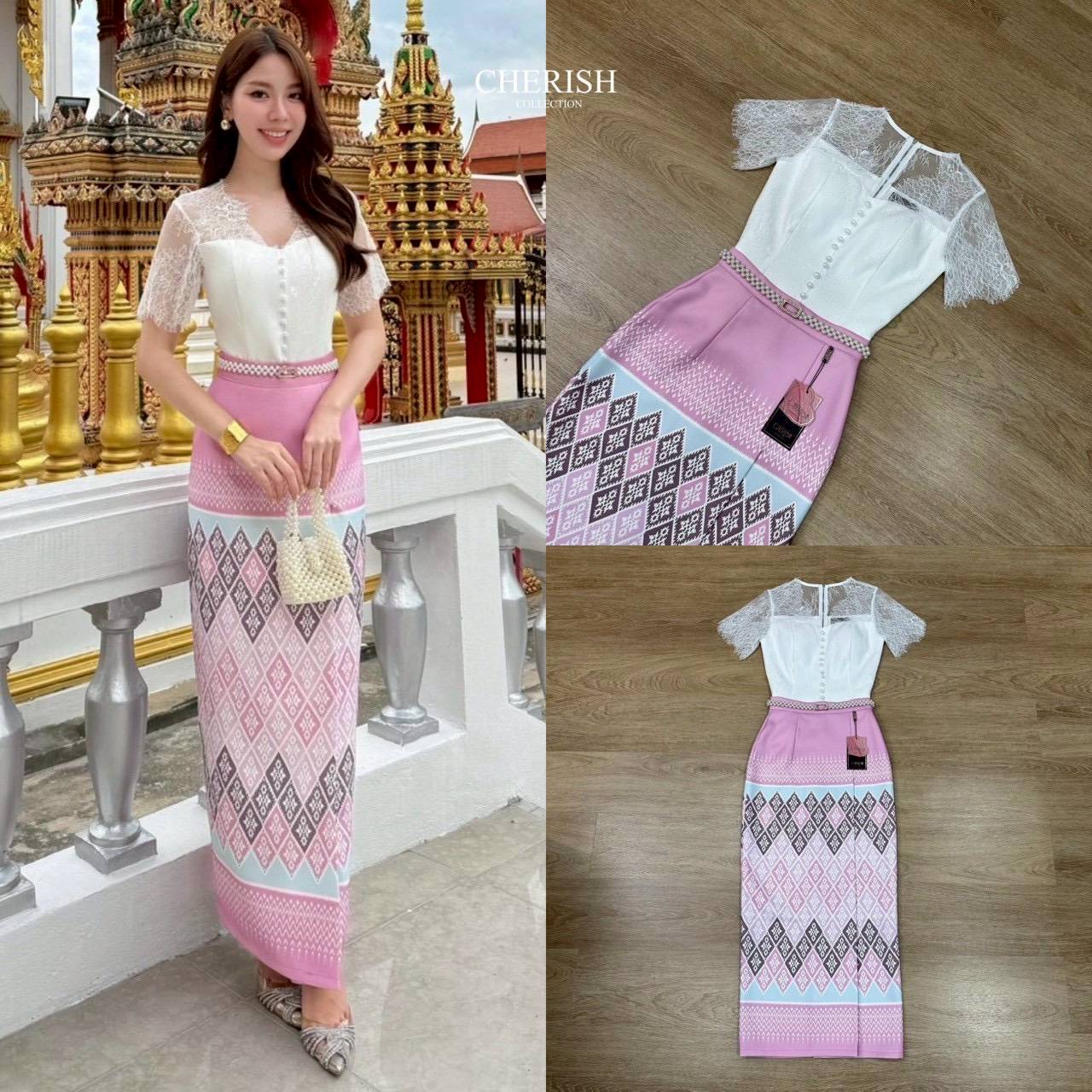 สุด Hot เซ็ทชุดไทย 3 ชิ้น ตัวเสื้อลูกไม้ซีทรูด้านบน พร้อมซับใน เกาะอกด้านในตกแต่งกระดุมพร้อมผ้าถุงสำเร็จพิมพ์ลายไทยสุดเก๋เนื้อผ้าอย่างดี มาพร้อมเข็มขัดมุกสุดหรู จะใส่เข้าพิธีสำคัญ งานบุญ งานมงคลสมรส จะไปงานไหนรับรองเด่นสุดๆเลยค่า💕