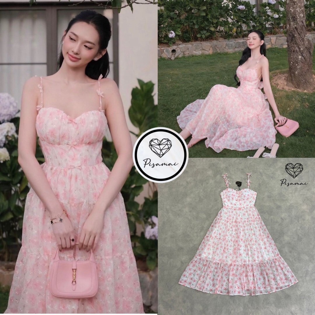 เดรสสายเดี่ยวระบายชั้นตัวยาวลายดอกสีชมพู ต้อนรับ summer ใส่เข้าเซ็ตคือดีมากค่าใส่vacayถ่ายรูปกับแก๊งค์เพื่อนๆไม่มีผิดหวังเลยค่า ห้ามพลาดเลยน้าตัวนี้