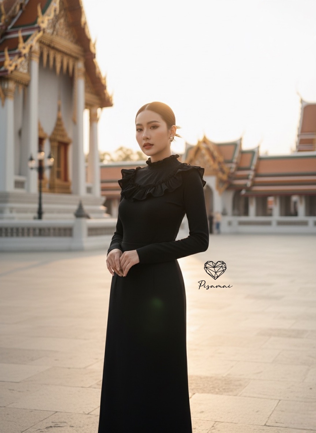 เซ็ตเสื้อแขนยาวชุดไทยจิตรดาสีดำ แต่งระบายช่วงคอและอก มาคู่กับกระโปรงตัวยาวสีดำทรงหางปลา ตามหากันทั้งประเทศ ต้องมีเลยค่า