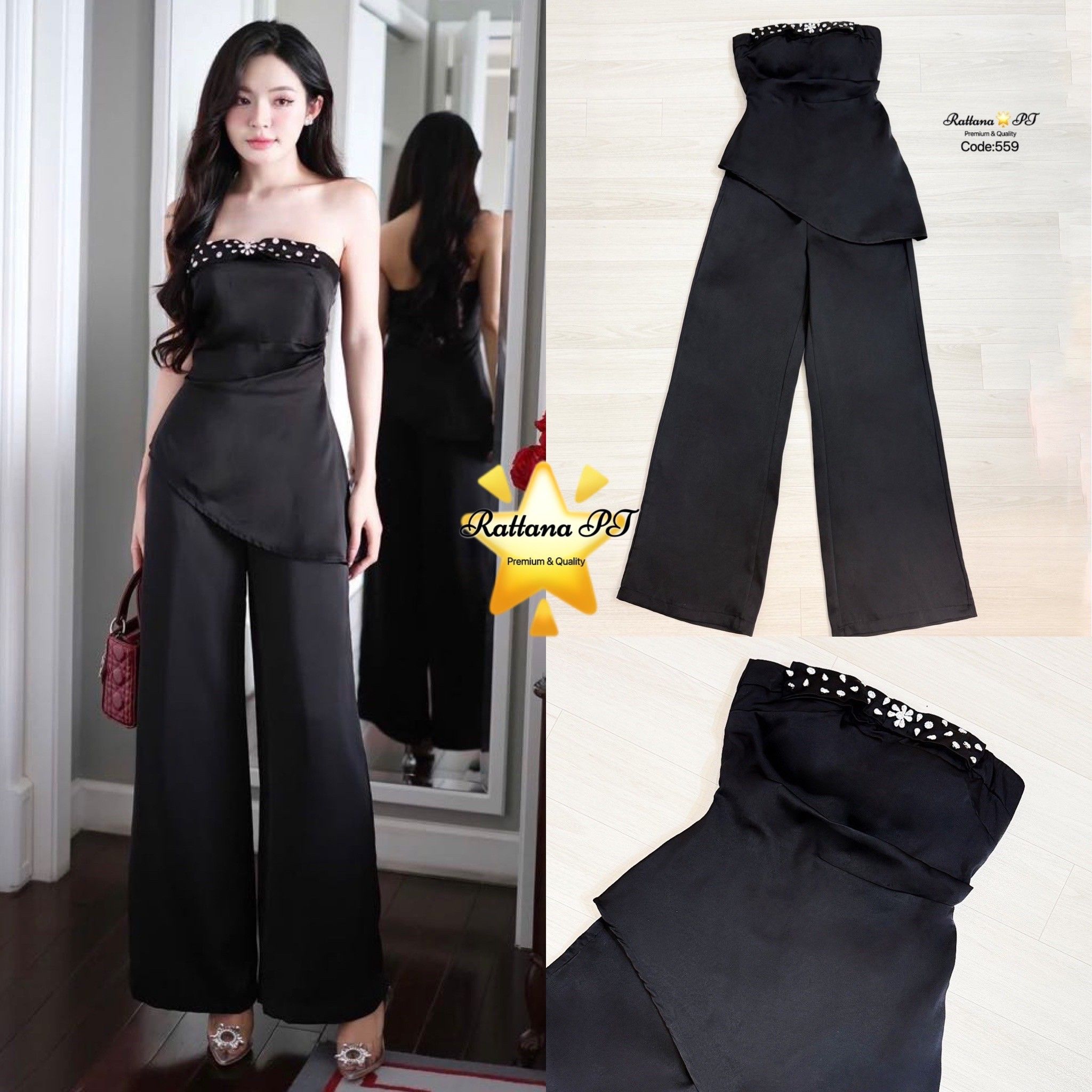 SET เสื้อแต่งเพชรที่หน้าอกสวยหรูมาก หน้าอกมีฟองน้ำ+ กับกางเกงขายาวสีดำ มีซิบด้านหลัง