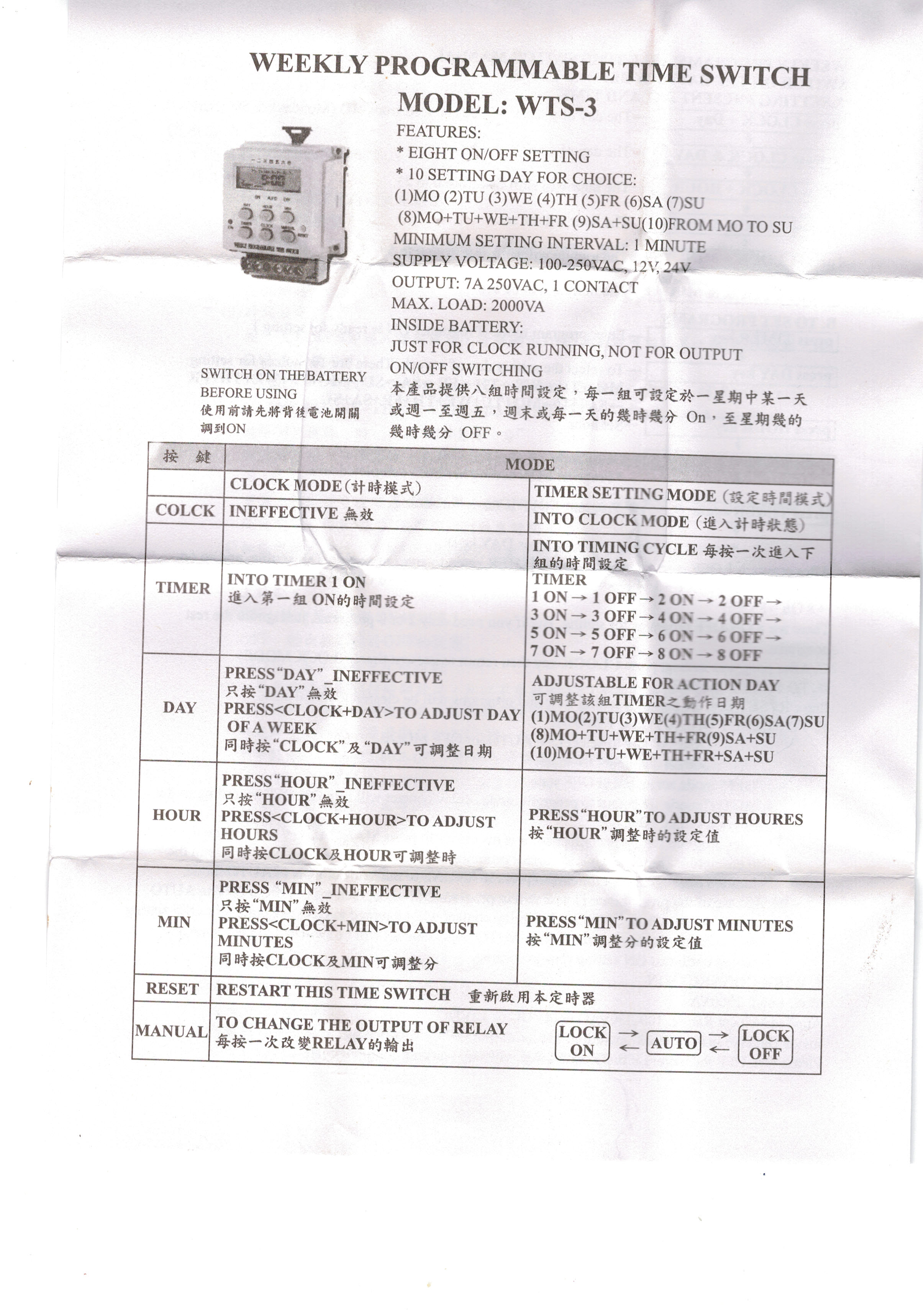Shinohawa : Weeky timer WTS-3 220V (TM501)