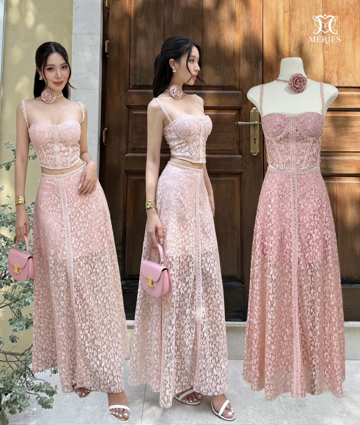 เซตผ้าลูกไม้สีชมพูสายเดี่ยวแต่งผ้าฉลุ สายเดี่ยวทรงสั้นเข้ารูปพร้อมฟองน้ำเสริมอกเพื่อให้ทรงสวยตีเกล็ดฉลุรวบอกและช่วงตัว มาพร้อมกับกระโปรงยาวทรงบานดีเทลแต่งผ้าฉลุด้านหน้ากระโปรงมีซับครึ่งตัวงานซิปหลังทั้งเสื้อและกระโปรง มีเชือกและดอกไม้เข็มกลัดจะใช้ที่คอหรื