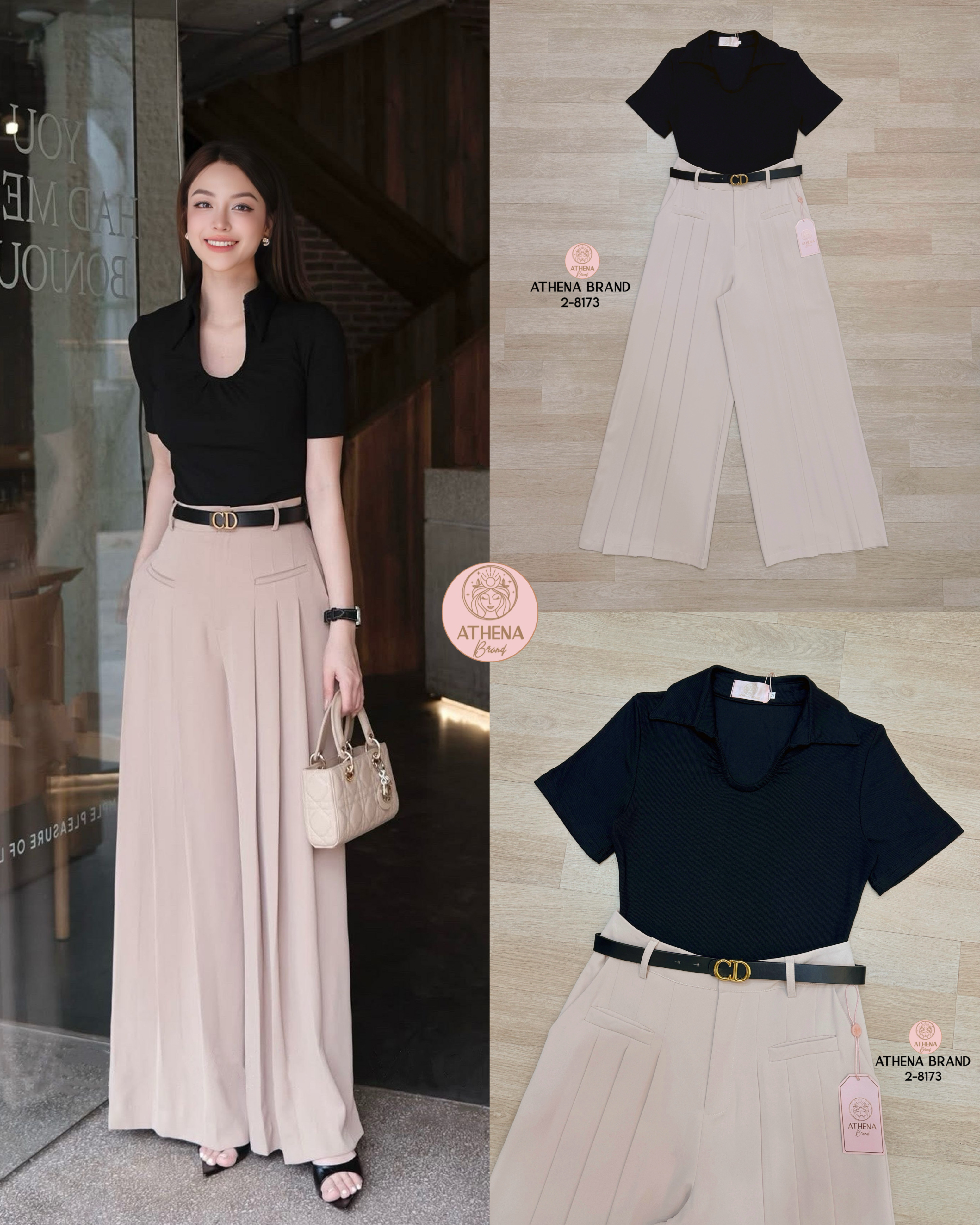 Tag 🔖 :Athena (อธีน่า) Brand Detail :: เสื้อ+กางเกง+เข็มขัด เสื้อยืดคอปกผ้าร่อง แมตช์มาคู่กับกางเกงขายาวดีไซน์เย็บจับจีบ มีกระเป๋าใช้งานได้จริงทั้ง2 ข้าง เนื้อผ้าดี๊ดีมีน้ำหนักและมีTexture งานมีซับใน สวมใส่แบบซิปด้านหน้าและมีตะขอเกี่ยว และมาคู่กับ