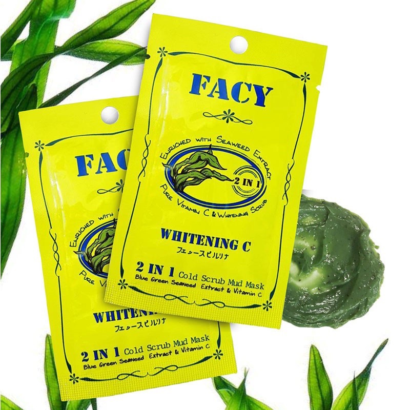 FACY COLD SCRUB WHITENING C with Seaweed Mud Mask 10 g. 1 ซอง เฟซี่ มาส์กโคลนเย็น พอกหน้าสาหร่ายทะเล + สครับขัดผิว