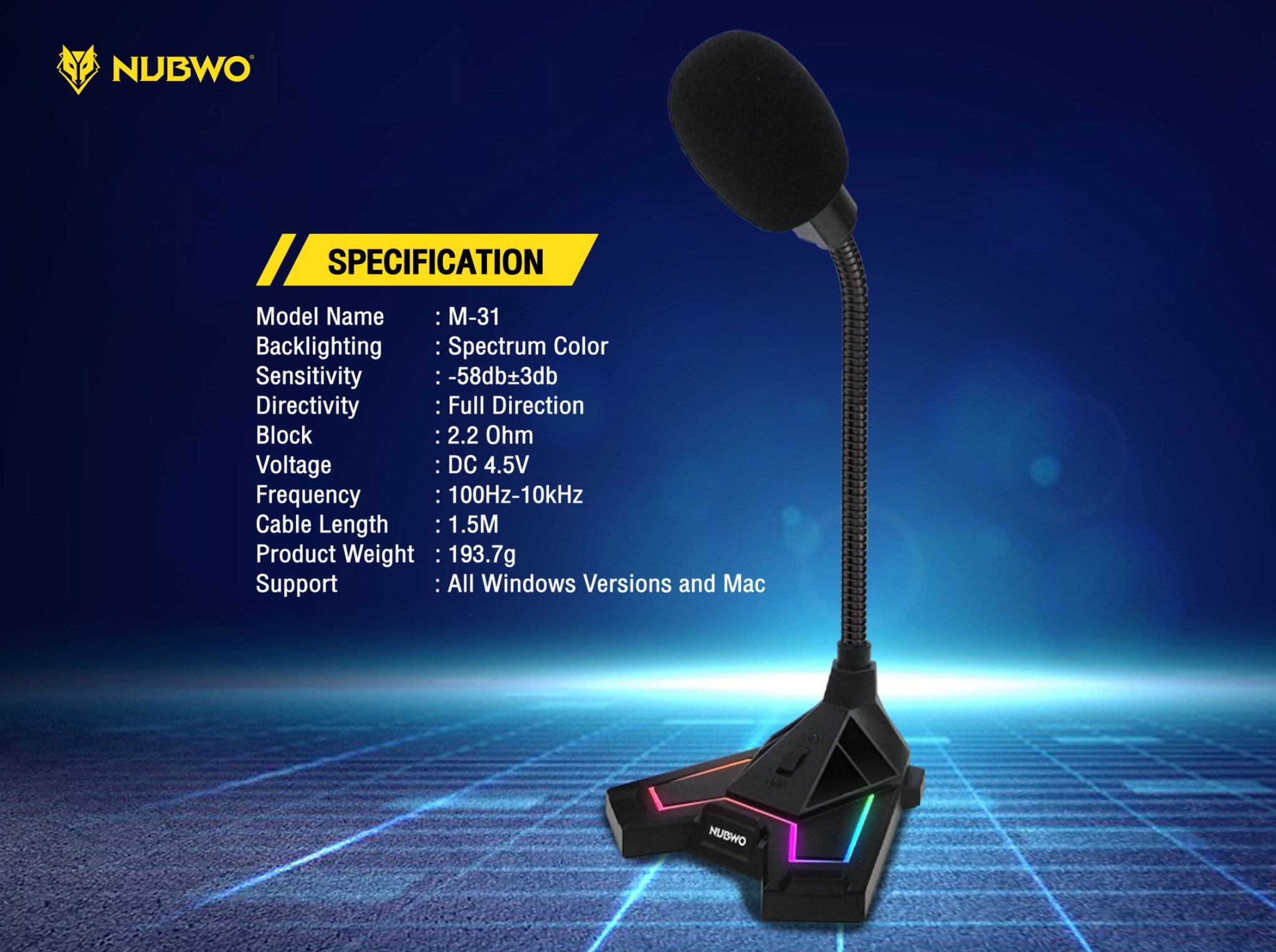 NUBWO Nubwo M-31 ไมโครโฟนเกมมิ่ง USB แบบตั้งโต๊ะ MI-NW-US-M31BK