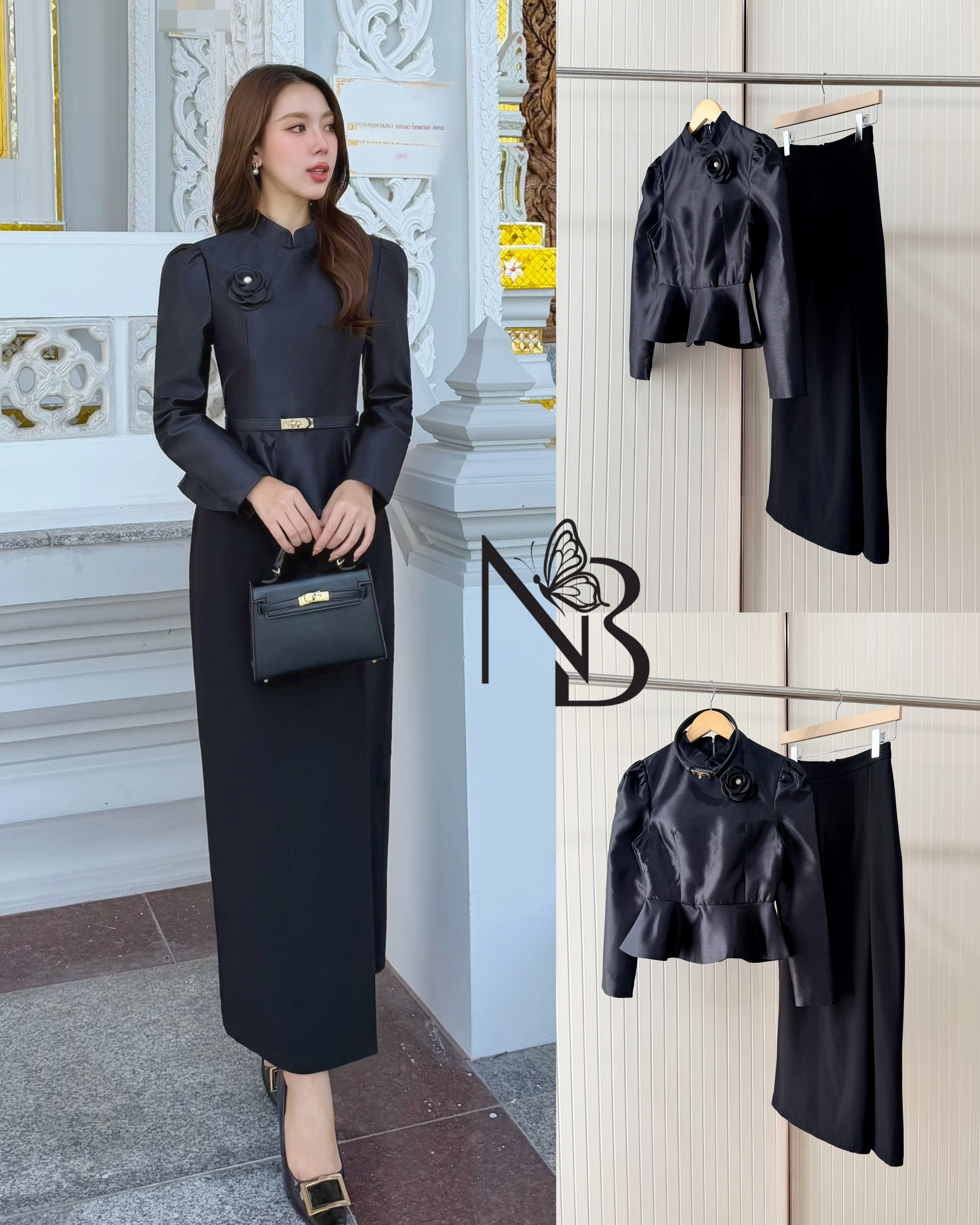 ชุดเซ็ตแขนยา คอกลม มีซัปในฟองน้ำในตัว มาคู่กับกระโปรงยาวทรงชุดไทย พับจีบด้านข้าง ผ่าทรงVด้านหลัง งานอัดกาวอย่างดีอยู่ทรง ใส่คู่กับเข็มกลัดดอไม้และเข็มขัดคือ สวยหรูลงตัวมาก ดีไซน์สวยดูผู้ดีแบบไทยๆ ไม่ซ้ำใคร ใส่ได้หลายโอกาศ ราคาคุ้มสุดๆ ห้ามพลาดนะคะสาวๆ #ชุ