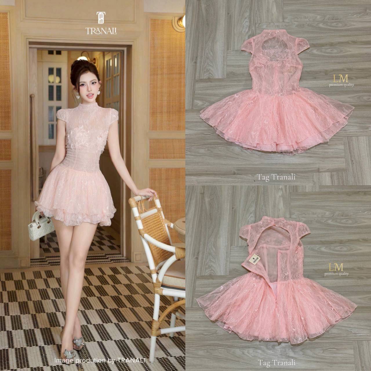 เดรสลูกไม้ปิดคอแขนตุ๊กตา งานลูกไม้ซีทรูเซ็กซี่ กระโปรงพองระบาย ลูกไม้สลับผ้าตาข่ายซีทรูเนื้อนิ่มหลายชั้น เว้าหลังเบาๆ งานสวยแซ่บ สีชุดชมพูหวานละมุน ผ้านิ่มใส่สบายไม่เคือง ** High end product so no sponge