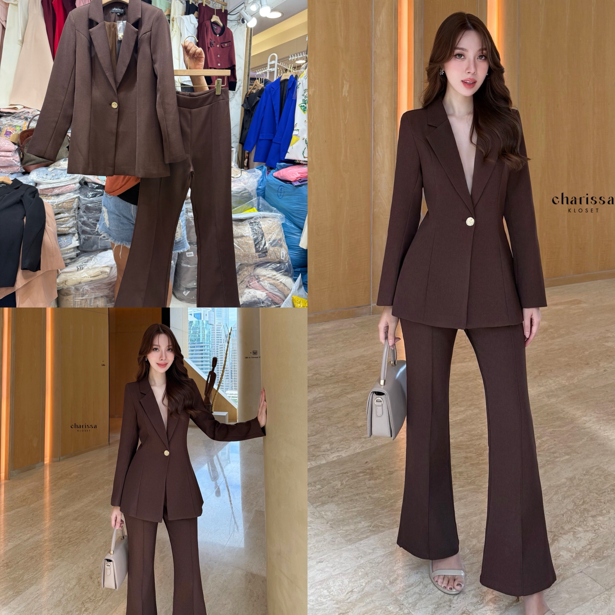 ชุดสูทมินิมอล เสื้อสูทแต่งกระดุมทองด้วยหน้า 1 เม็ด +กางเกงทรง Flare เย็บตีเกล็ดหน้า เข้ารูป Tag: CHARRISSA KLOSET