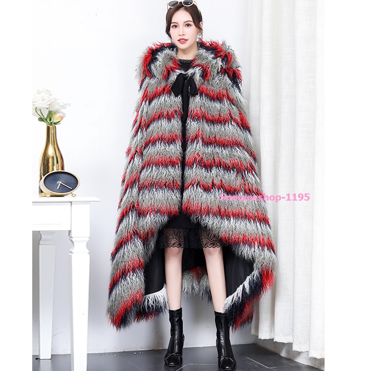เสื้อคลุมมองโกเลียผ้าคลุมไหล่ขนเฟอร์ขนแกะยาวพร้อมฮู้ด แต่งไล่ระดับหน้าหลัง ซับในหนาใส่เสื้อคลุมกันหนาวติดลบได้ดี ขนาดฟรีไซส์ถึงรอบอก 55"