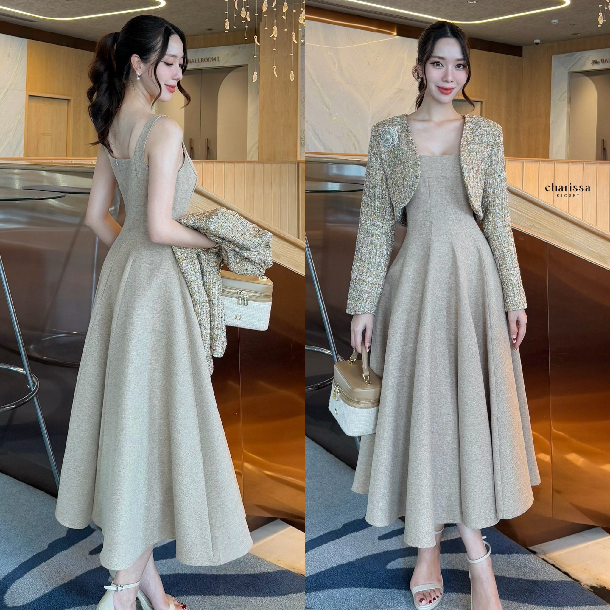 เดรสเป็นทรงเข้ารูปช่วงเอว มีความพองช่วงล่างน่ารักมาก ซิปซ่อนด้านหลัง มีซับในอย่างดี มาพร้อมกับเสื้อครอปใช้ผ้าพรีเมี่ยมทวิตทอสลับสีทอง มีรองบ่าบางๆเพื่อให้เป็นทรงสวย มีตะขอติดให้บริเวณด้านหน้า นอกจากนี้เราเพิ่มความรักกด้วยเข็มกลัดดอกไม้ แมทซ์กันออกมาได้สวย