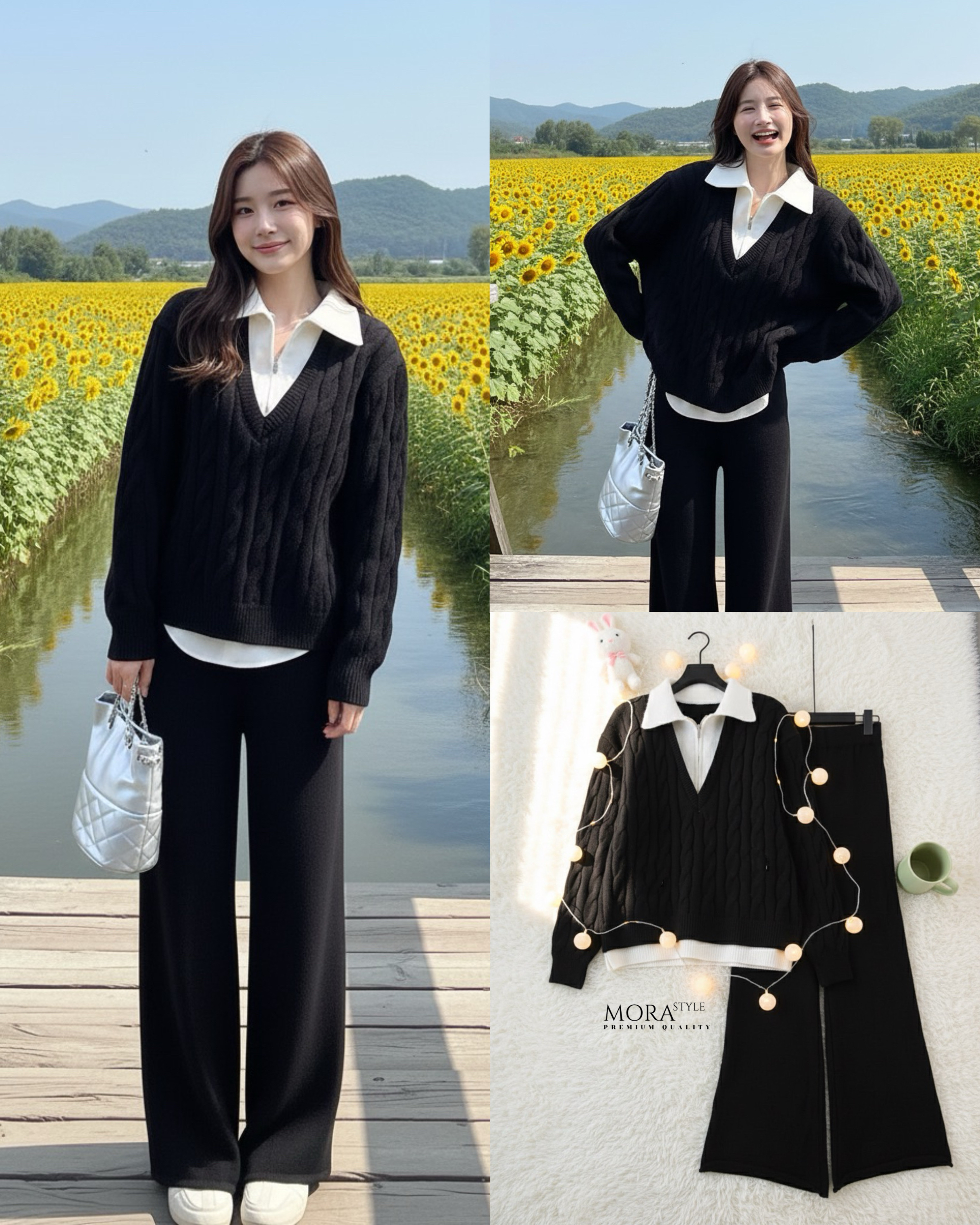 เซ็ท 2 ชิ้น เสื้อแขนยาวทรงโอเวอร์ไซด์ ตัดต่อคอปกและชายเสื้อเป็นทูโทน มาพร้อมกับกางเกงขายาวผ้ายืดหยุ่นใส่สบาย ใส่แมทช์เซ็ตน่ารักมากค่าา