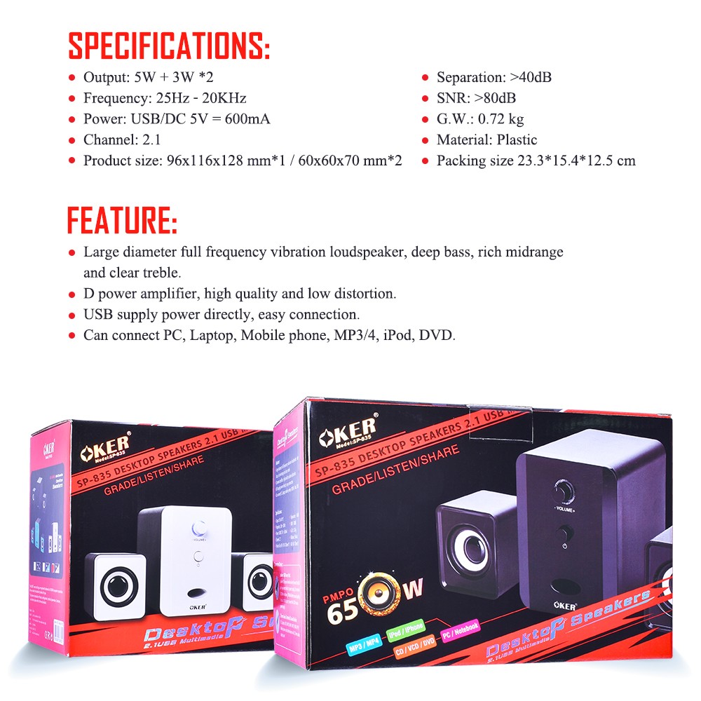 OKER SP-835 OKER DESKTOP SPEAKERS 2.1 USB 650W SP-OK-21-835xx