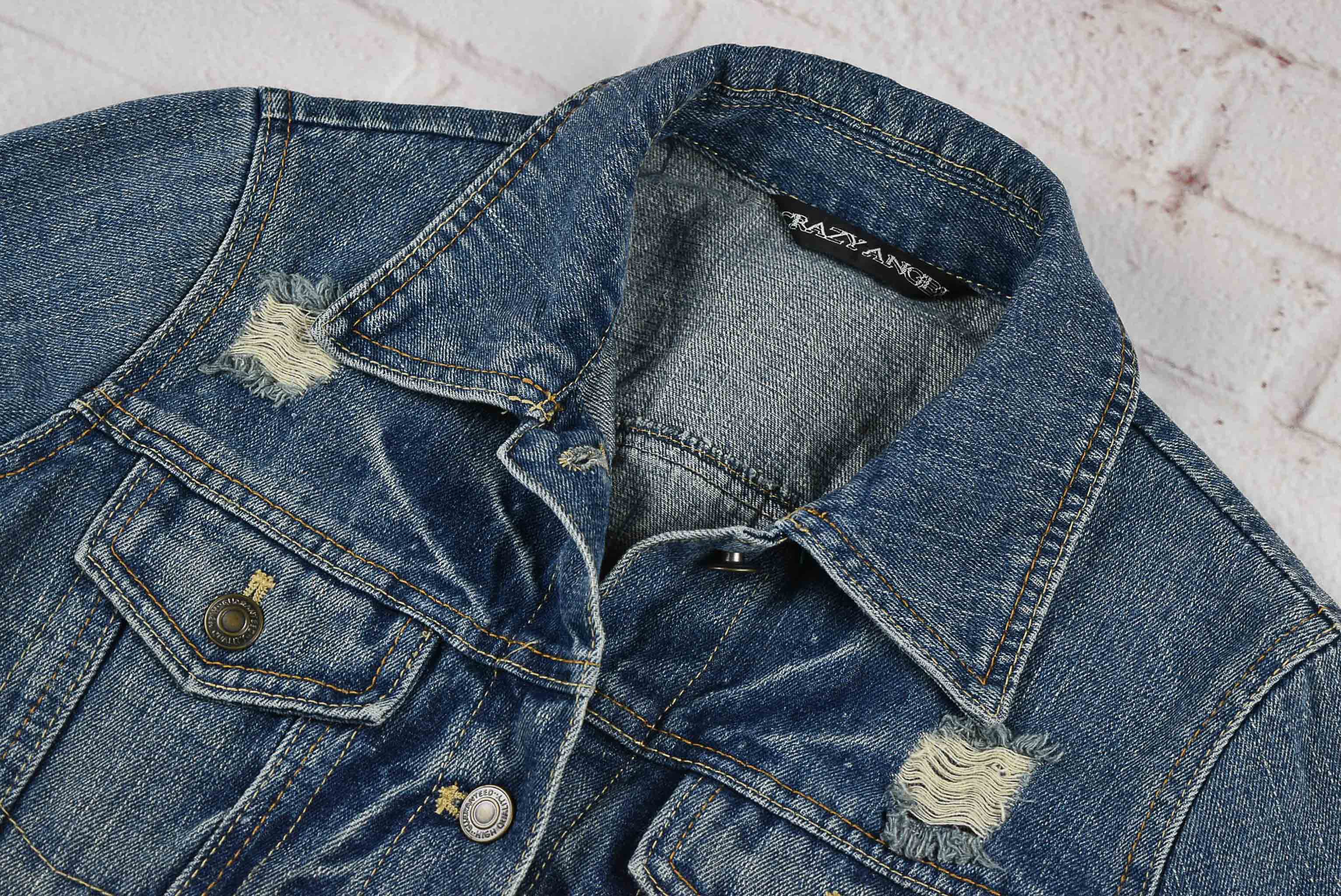 CRAZY ANCBI อกจริง 37 ไซส์ M เสื้อแจ็คเก็ตยีนส์ แขนยาว ผู้หญิง แต่งขาด ทรงสวยใส่สบาย เนื้อผ้านุ่มใส่สบาย