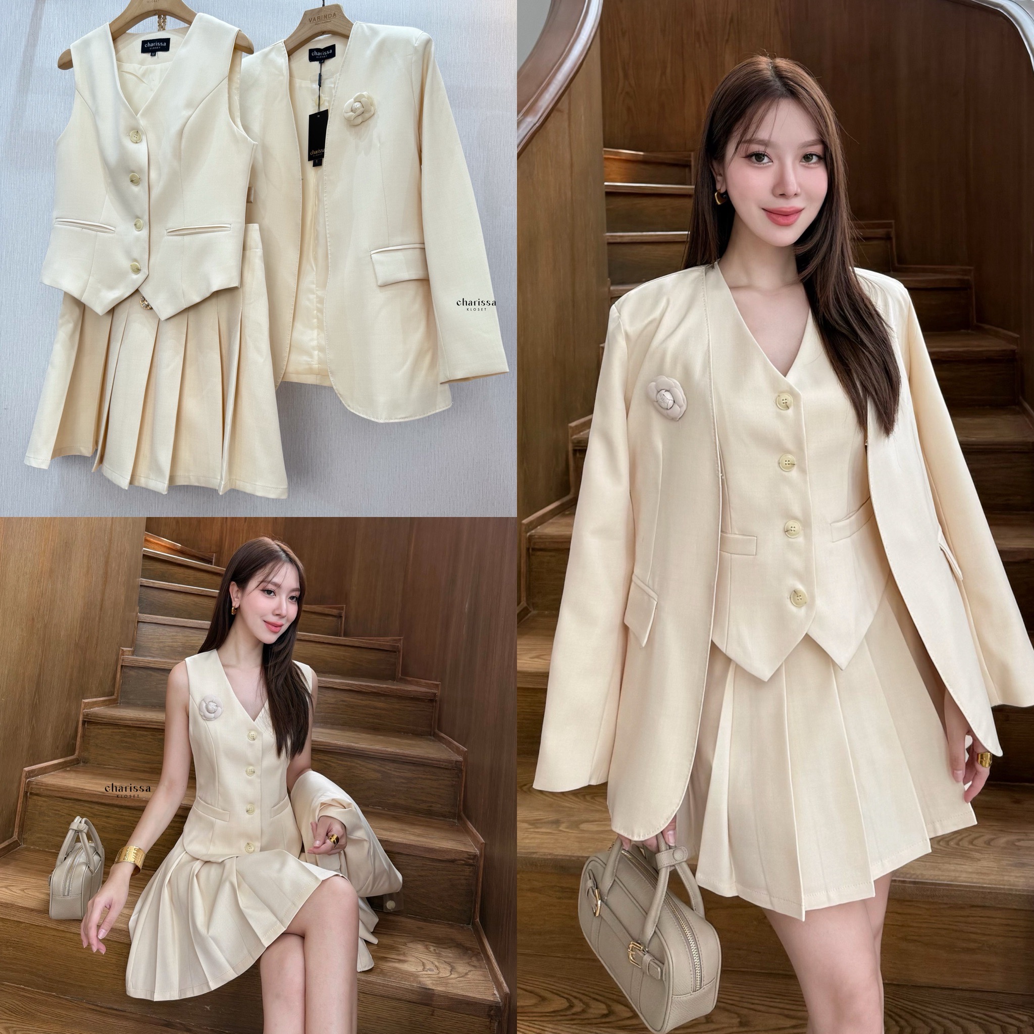 เซ็ท 4 ชิ้น เสื้อสูท+เสื้อ vestด้านใน +กระโปรง(กางเกงเป็นซับใน)+เข็มกลัดดอกไม้ ใช้ผ้าเดียวกันทั้งเซ็ท ตัวเสื้อสูทมีซับในอย่างดี เสริมรองบ่าบางๆเพื่อให้เป็นทรงสวย มีตะขอใส่แบบติดก็ได้น๊า กระโปรงซิปข้าง ซับในเป็นกางเกง เนื้อผ้ามีTexture สวย ยับยากก #ชุดใส่ท