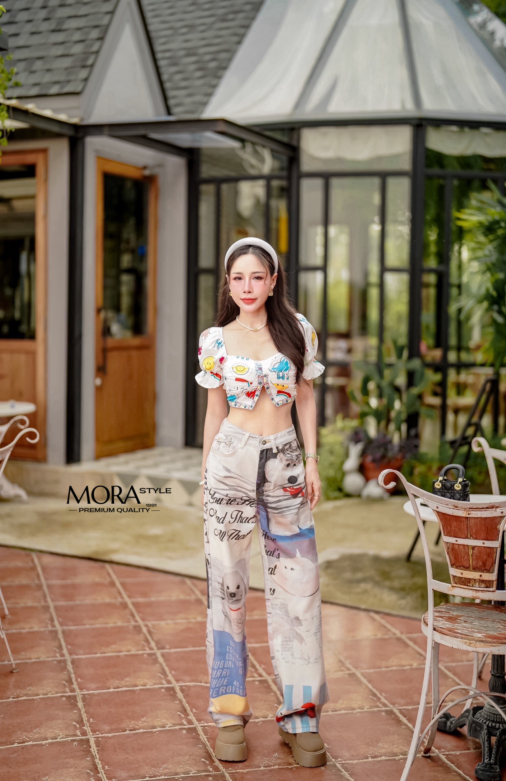 เซ็ต 2 ชิ้น เสื้อแขนจั้มตุ๊กตา หลังสม็อก ผ้าใส่สบาย ลายน่ารัก มาพร้อมกับกางเกงเอวสูงพิมพ์ลายแฟชั่น ทรงกระบอกงานพิมพ์ 3D ใส่แมทน่ารักมากค่าา