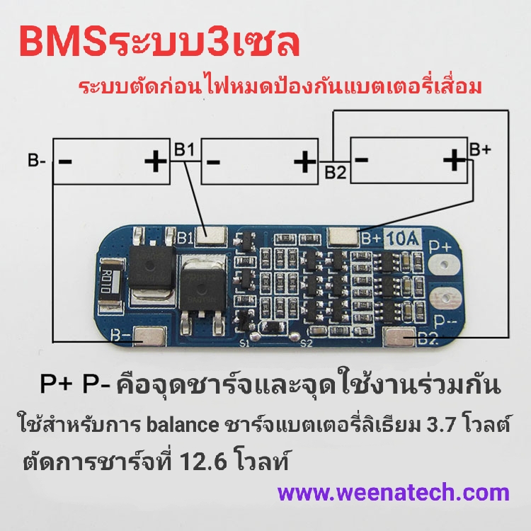 PCM 18650 แบตเตอรี่ลิเธียม 3เซล11.1V/12.6V สูงสุด 10A