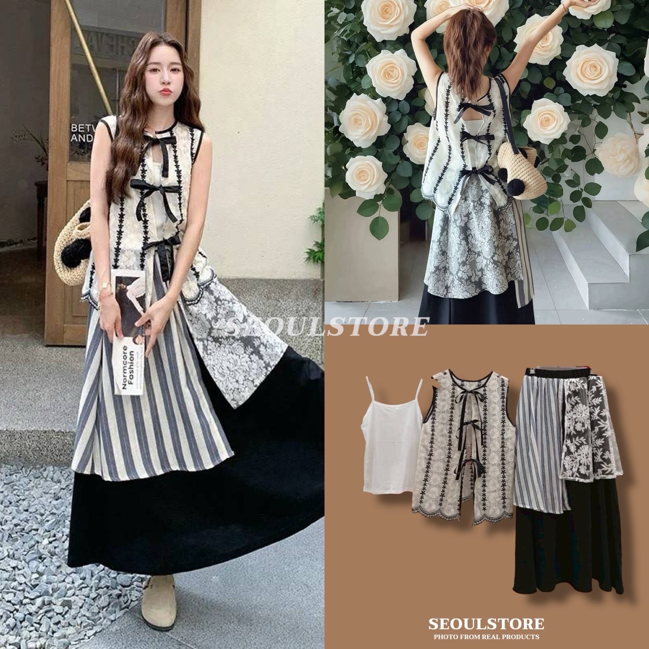 Set 3 ชิ้น เสื้อลูกไม้แขนกุดแต่งขอบดำ ผูกโบว์ด้านหลัง +เสื้อสายเดี่ยวขาว + กระโปรงเอวสม็อคแต่งชิ้นลูกไม้